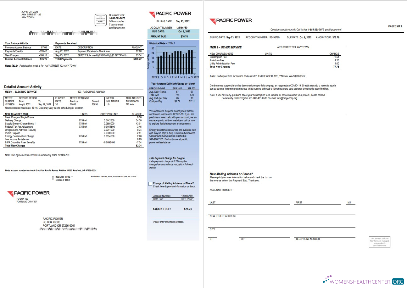 download download USA Pacific Power utility bill, Word and PDF template, 2 pages PDF template PDF template